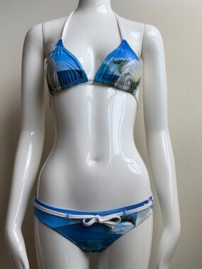 Aaron Chang blue white reversible plumeria belted bikini